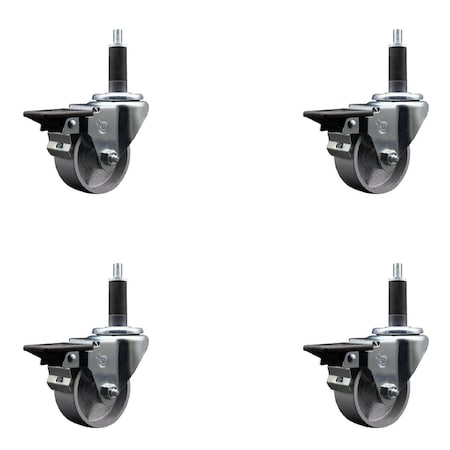 Service Caster 3'' Semi Steel Swivel 1'' Expanding Stem Caster Set with Brake, 4PK SCC-EX20S314-SSS-PLB-1-4